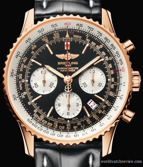 Breitling Navitimer Caliber 01 chronograph in rose gold (front view)