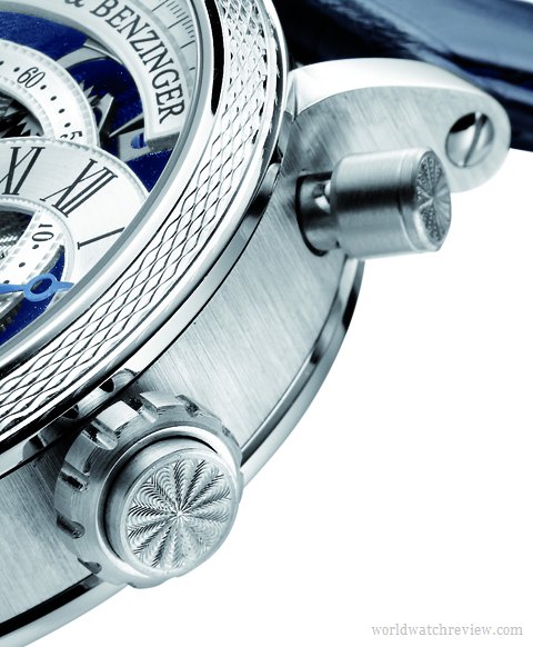 Grieb & Benzinger Blue Sensation regulator chronograph in platinum (winding crown, detail)