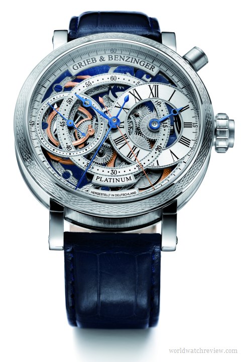 Grieb & Benzinger Blue Sensation regulator chronograph in platinum (front view)