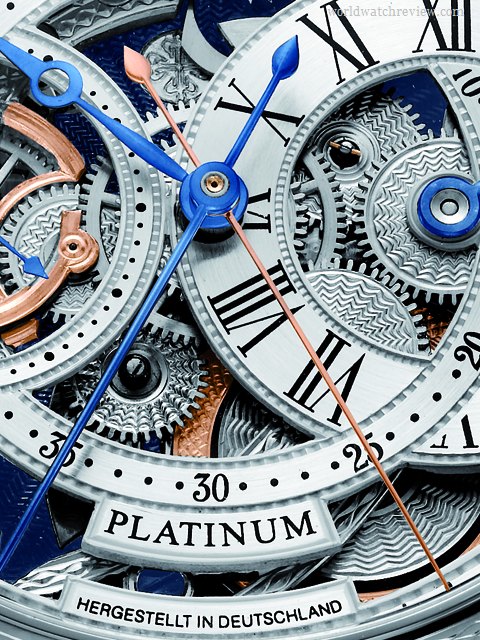Grieb & Benzinger Blue Sensation regulator chronograph in platinum (dial, detail)