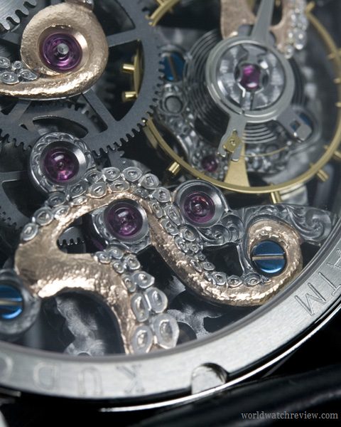 Kudoke KudOktopus Skeletonized (transparent case back, historic Unitas 6498 movement, detailed view)