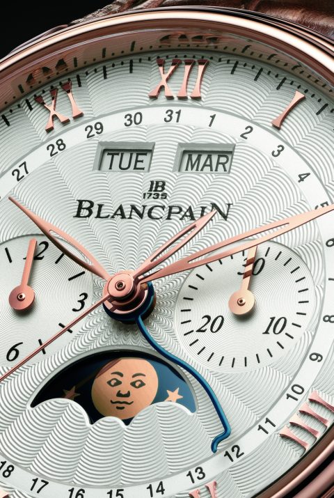 Blancpain Villeret Chronographe Monopoussoir Quantieme Complet (Ref. 6685-3642-55B) dial, detail