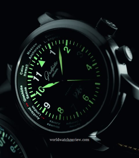 Glashutte Original Senator Navigator WorldView (Ref. 39-47-07-07-04) dial, glowing in the dark