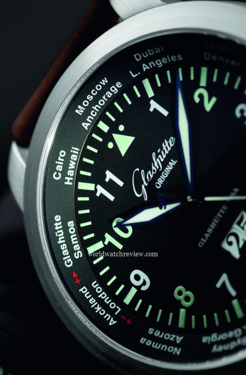 Glashutte Original Senator Navigator WorldView automatic (Ref. 39-47-07-07-04) dial, detail