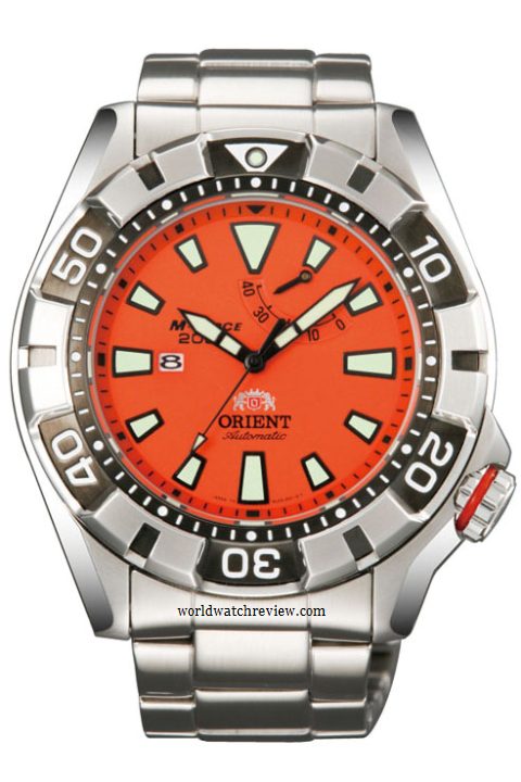 Orient M-Force 200M (front view, EL03002M, orange dial)