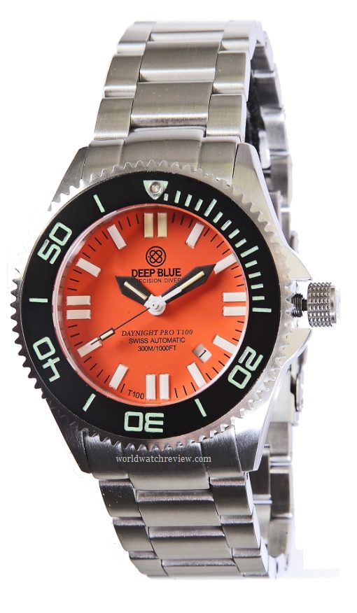 Deep Blue Daynight T-100 Tritium Flat Tubes Diver (orange dial, black hands)