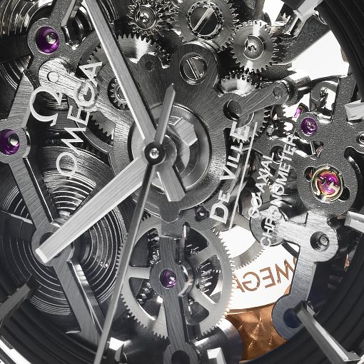 Omega Hour Vision Co-Axial Skeleton in Platinum (sapphire dial, detail)