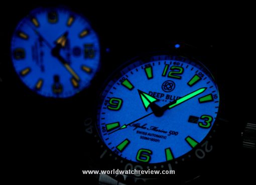 Deep Blue Alpha Marine 500 (orange and green dials glowing in the dark)