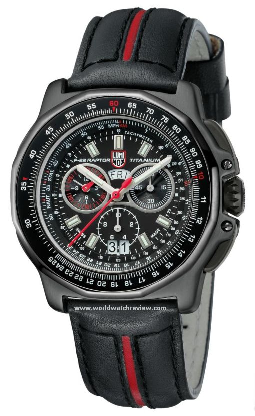 Luminox F-22 Raptor 9270 Series Chronograph on a black and red leather strap