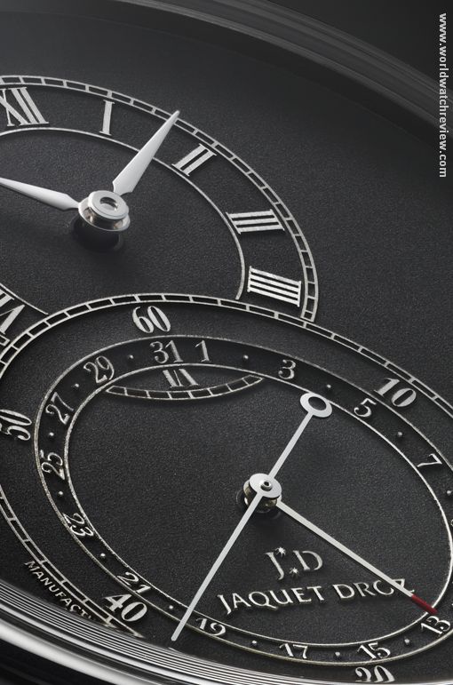 Jaquet Droz Grande Seconde Quantieme (black dial, polished steel hands, detail)