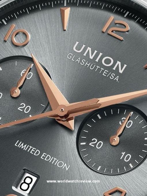 Union Glashutte Noramis Chronograph LE (dial, detail, rose gold PVD hands)