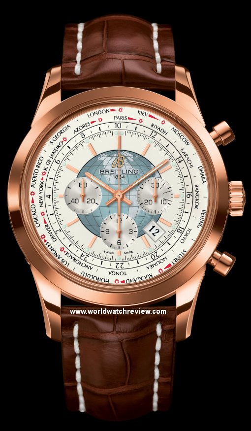 Breitling Transocean Chronograph Unitime World Time (red gold, Polar White dial, front)
