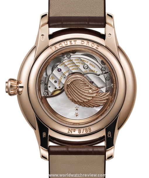 Jaquet Droz Petite Heure Minute Relief Season in red gold (sapphire case back)