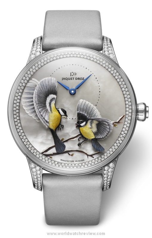 Jaquet Droz Petite Heure Minute Relief Season in white gold and diamonds (front)