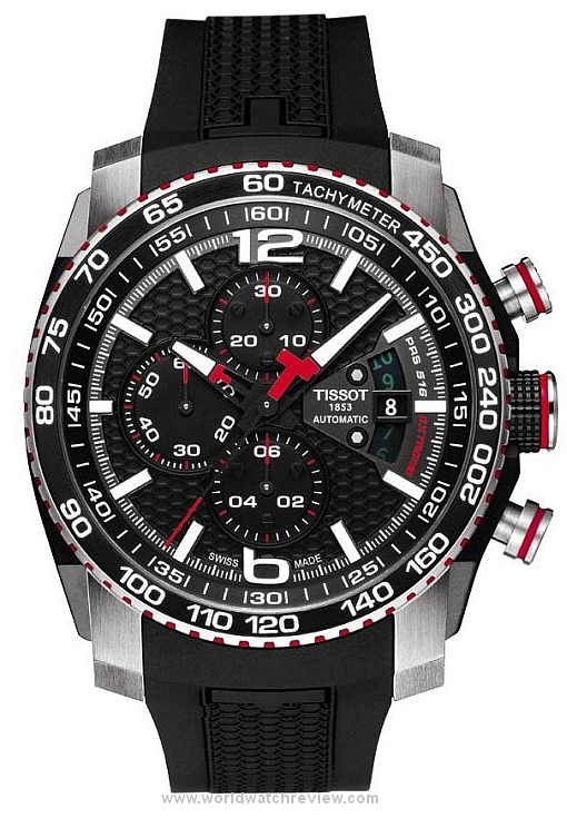 Tissot PRS 516 Extreme Chronograph (front view, red accents)