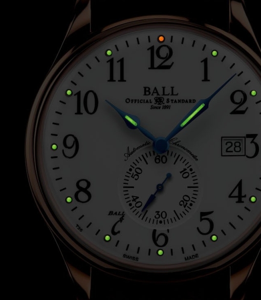 Ball Trainmaster Standard Time (dial, tritium tubes glowing)