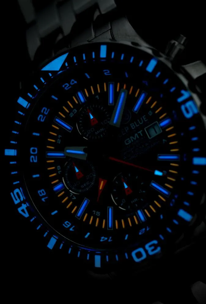 Deep Blue Daynight T-100 GMT Chronograph (black dial, glowing)