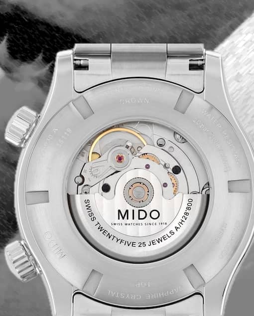 The ETA 2836-2 caliber is clearly visible through the transparent case-back.