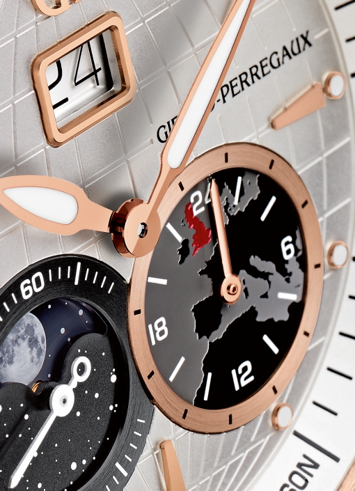 Girard-Perregaux Traveller Large Date, Moon Phases & GMT Longitude Act (dial fragment, sub-dials)