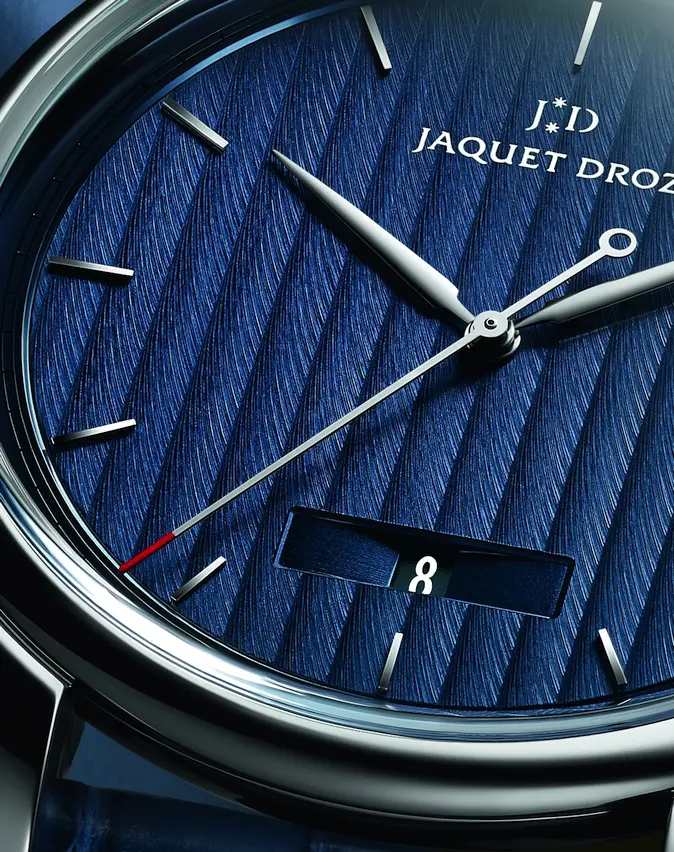 Jaquet Droz Grande Heure Minute Quantieme (blue dial, fragment)