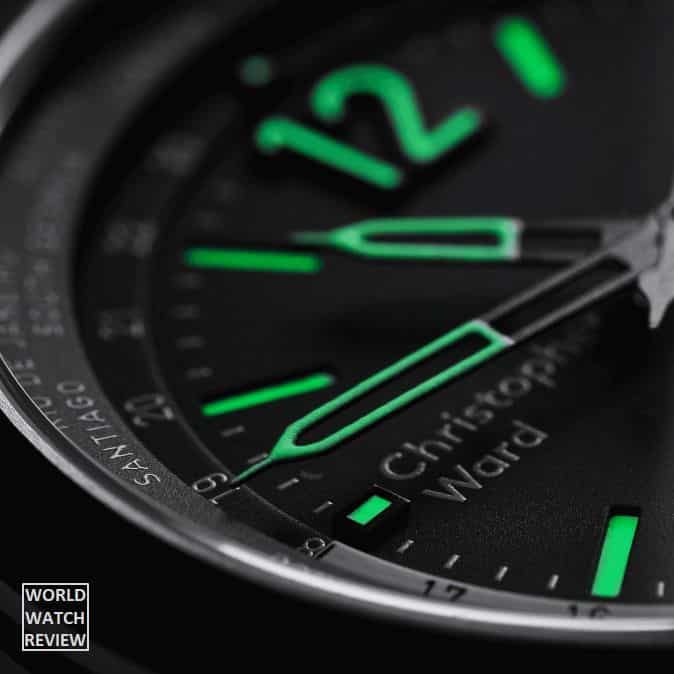 Christopher Ward C8 UTC Worldtimer in matte black DLC steel (dial, glowing Superluminova)